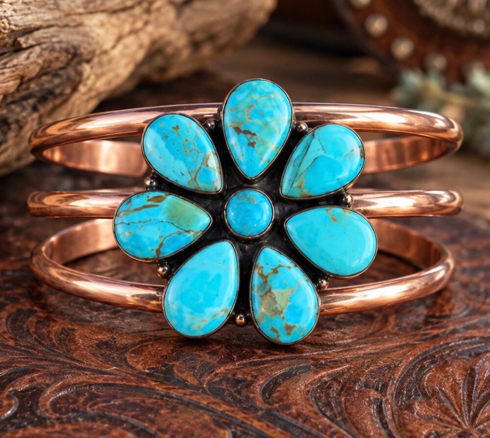 Mohave Turquoise Flower| Cluster Adjustable Copper Cuff Bracelet